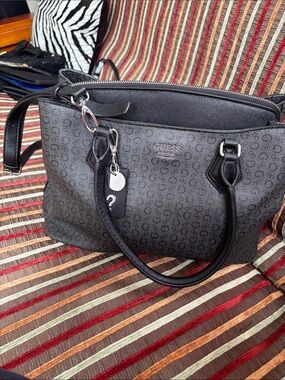 GUESS Black Logo Print Tote with Silver Hardware